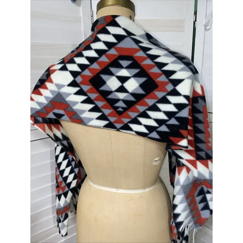 Fleece Fringe Wrap Scarf Native American Aztec Print 55” X 13.5”